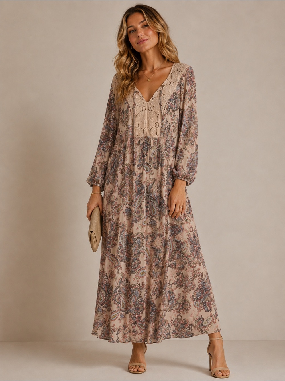 DR2 • Daniel Rainn beige and paisley maxi dress with boho crochet lace detail